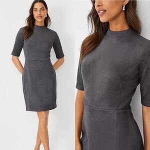 Ann Taylor Mini Sheath Pencil Dress 2 petite XS Gray Faux Suede Mock Neck preppy